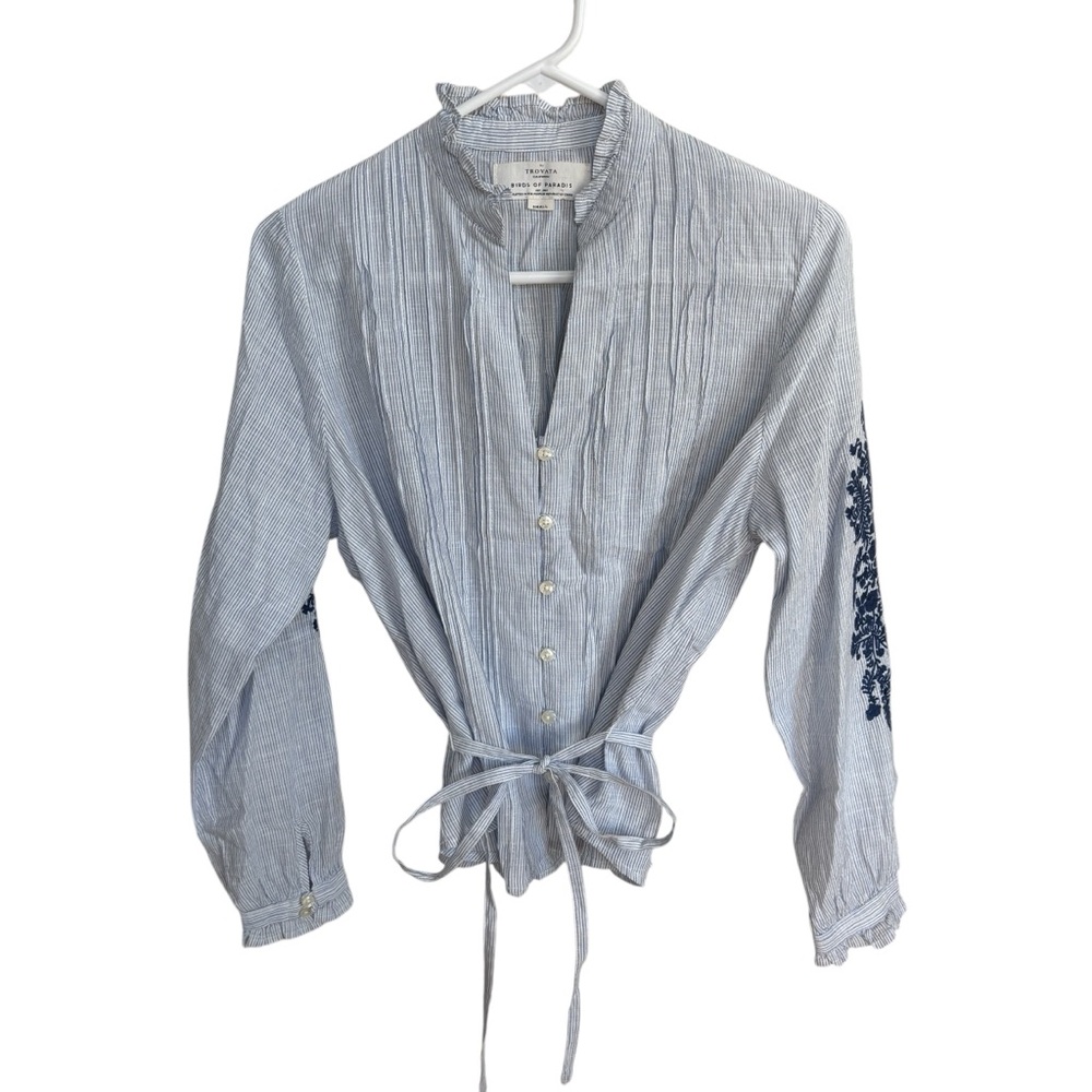 Trovata Birds of Paradis Embroidered Long Sleeve Pleated Belted Stripped Top S